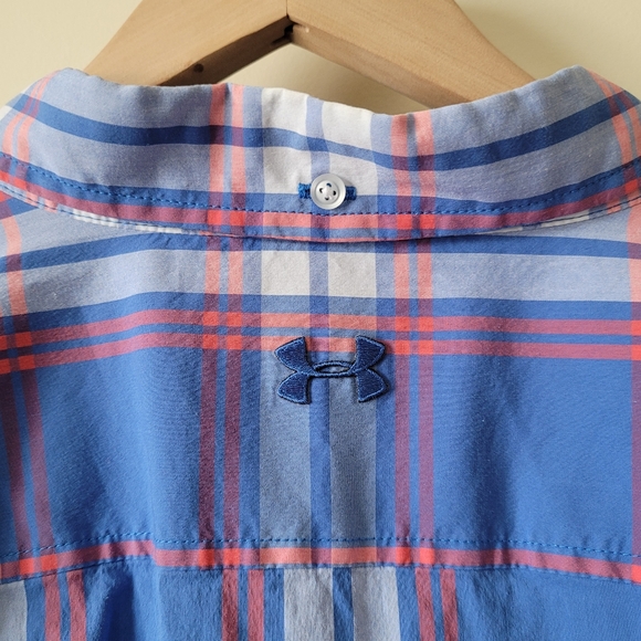 Under Armour Fitted blue/white/salmon plaid long sleeve button down shirt Large - Picture 4 of 6